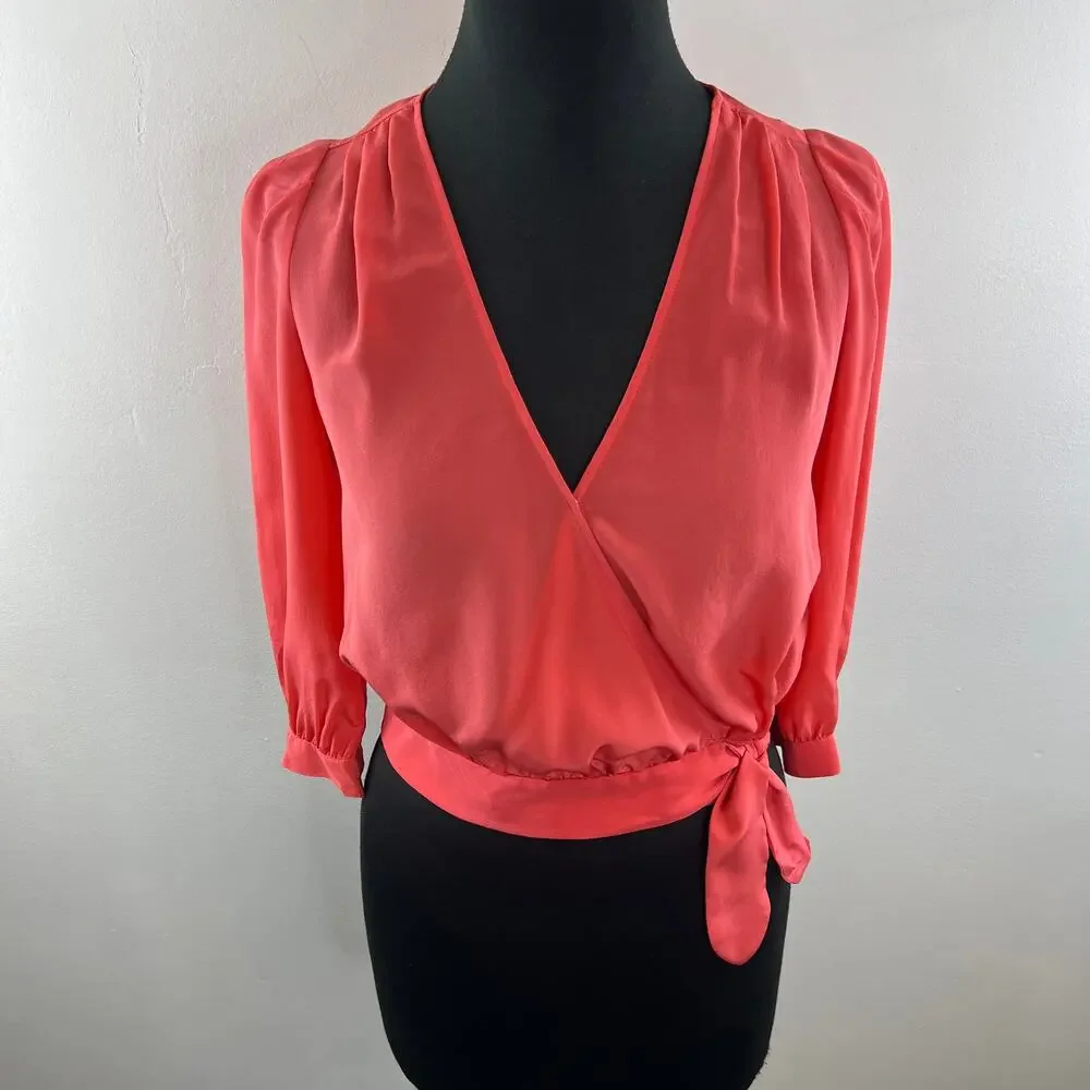 MADEWELL Orange Cropped Wrap Top Silk Pleated Surplice Neck Puff Sleeve Size 2XS